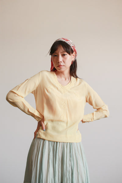1940s Yellow Silk Embossed Embroidered Blouse