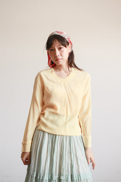 1940s Yellow Silk Embossed Embroidered Blouse