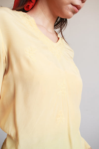 1940s Yellow Silk Embossed Embroidered Blouse