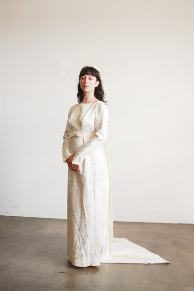 1960s Cream Brocade Empire Waist Train Gown