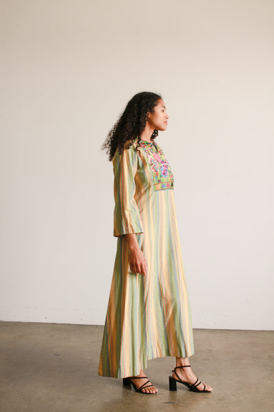 1960s Cotton Striped Embroidered Kaftan