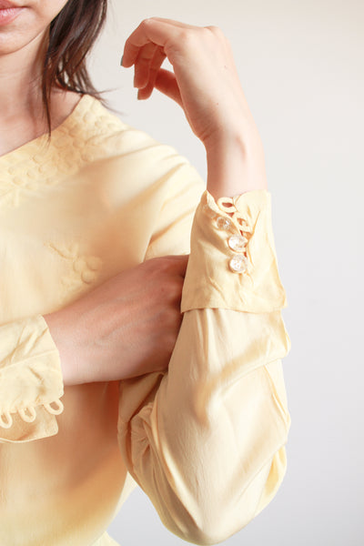 1940s Yellow Silk Embossed Embroidered Blouse