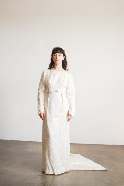 1960s Cream Brocade Empire Waist Train Gown