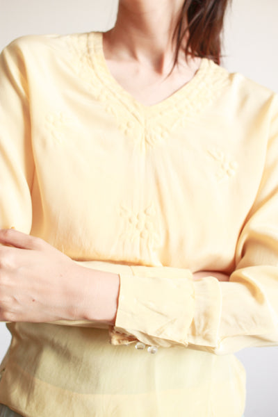 1940s Yellow Silk Embossed Embroidered Blouse