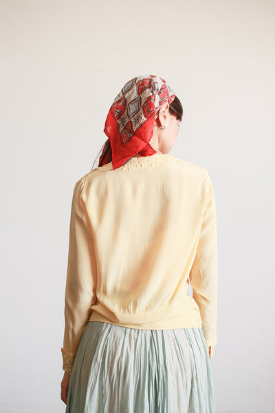 1940s Yellow Silk Embossed Embroidered Blouse