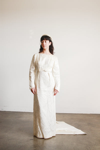 1960s Cream Brocade Empire Waist Train Gown