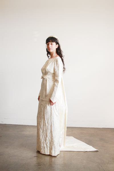 1960s Cream Brocade Empire Waist Train Gown