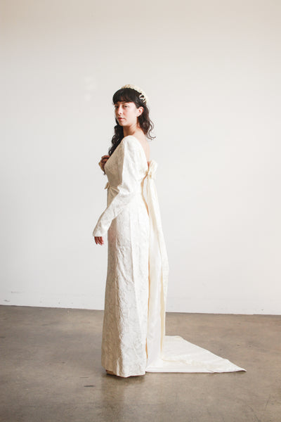 1960s Cream Brocade Empire Waist Train Gown