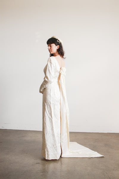 1960s Cream Brocade Empire Waist Train Gown