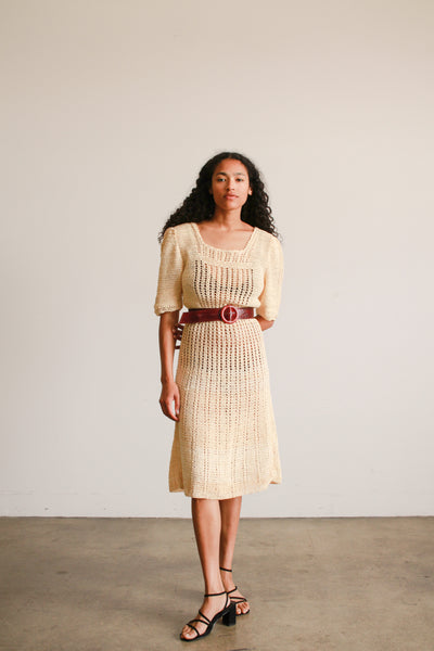 1970s Cream Crochet Knit Midi Dress