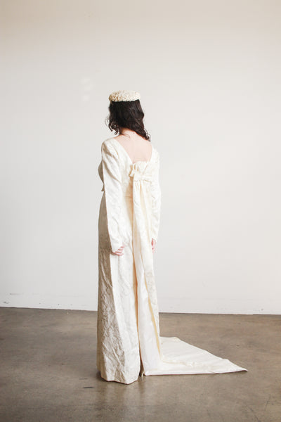 1960s Cream Brocade Empire Waist Train Gown