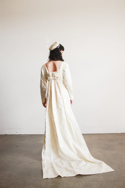 1960s Cream Brocade Empire Waist Train Gown