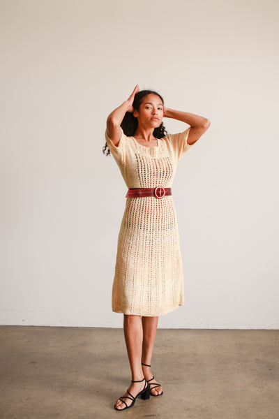 1970s Cream Crochet Knit Midi Dress