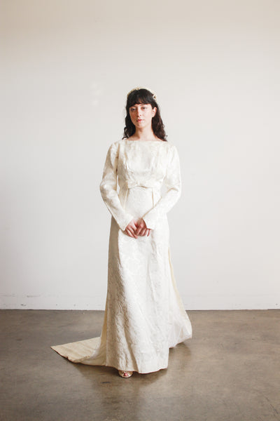 1960s Cream Brocade Empire Waist Train Gown