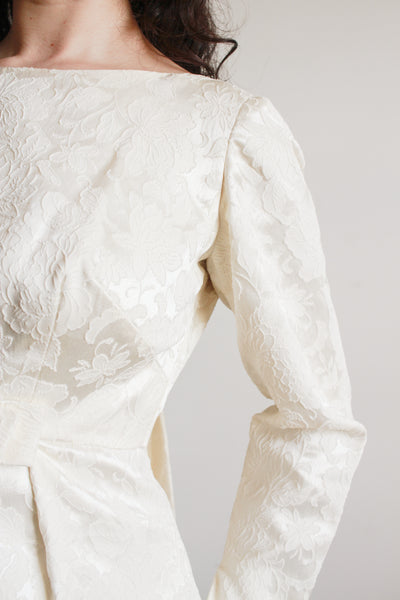 1960s Cream Brocade Empire Waist Train Gown