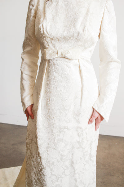 1960s Cream Brocade Empire Waist Train Gown