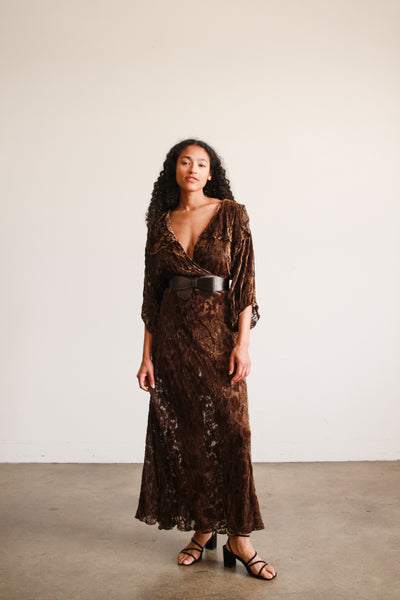 1930s Brown Devore Silk Velvet Bias Dress