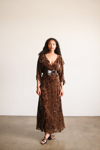 1930s Brown Devore Silk Velvet Bias Dress