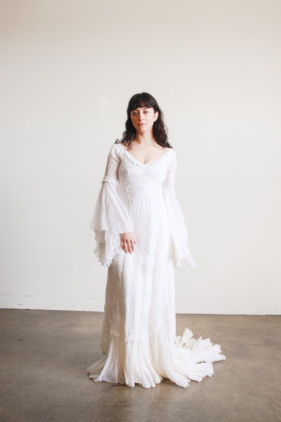 1970s Piccione White Angel Sleeve Embroidered Gown
