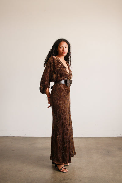 1930s Brown Devore Silk Velvet Bias Dress