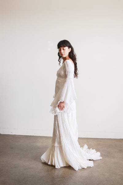 1970s Piccione White Angel Sleeve Embroidered Gown