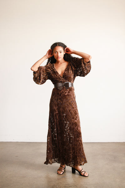 1930s Brown Devore Silk Velvet Bias Dress