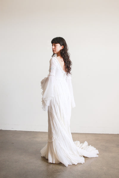 1970s Piccione White Angel Sleeve Embroidered Gown