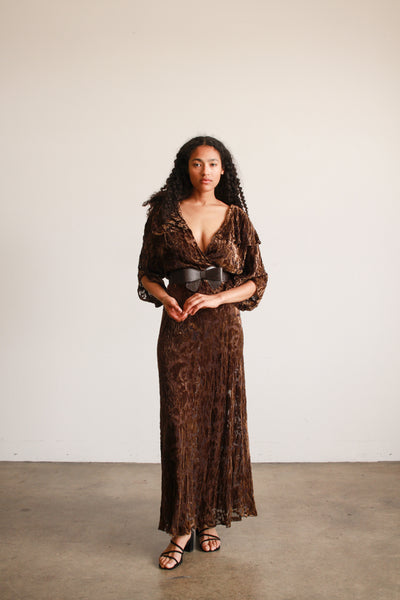 1930s Brown Devore Silk Velvet Bias Dress