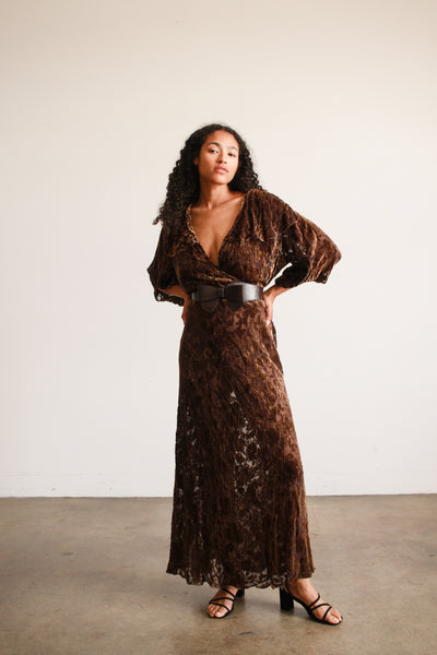 1930s Brown Devore Silk Velvet Bias Dress