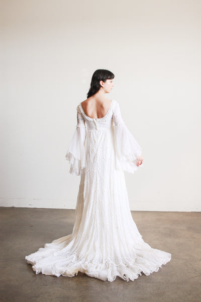 1970s Piccione White Angel Sleeve Embroidered Gown