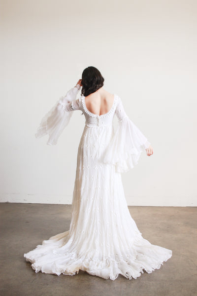 1970s Piccione White Angel Sleeve Embroidered Gown