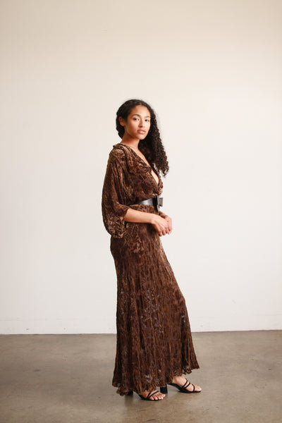 1930s Brown Devore Silk Velvet Bias Dress