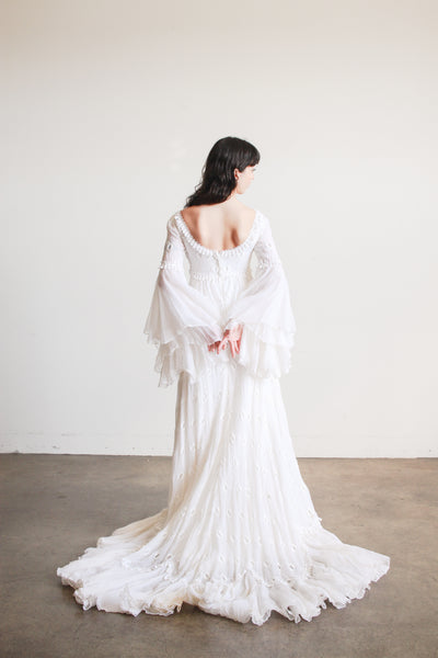 1970s Piccione White Angel Sleeve Embroidered Gown