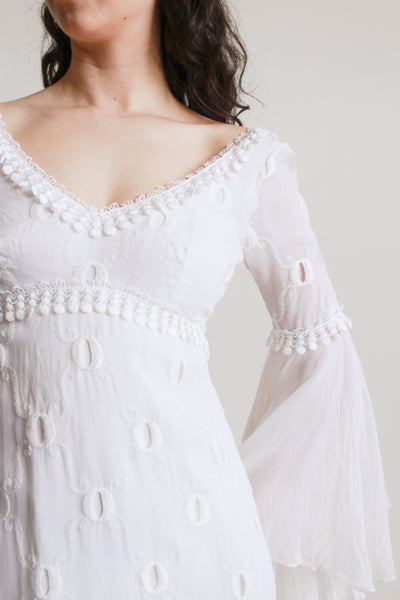 1970s Piccione White Angel Sleeve Embroidered Gown