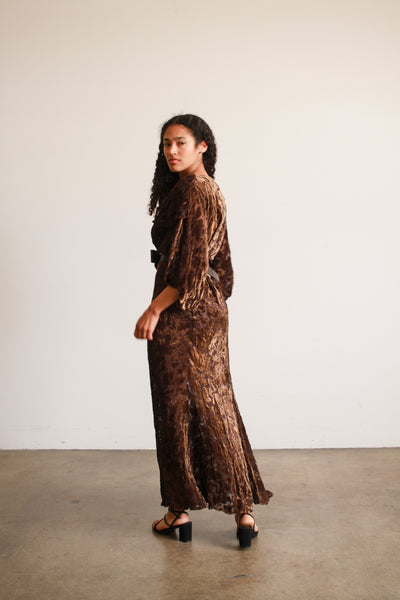 1930s Brown Devore Silk Velvet Bias Dress