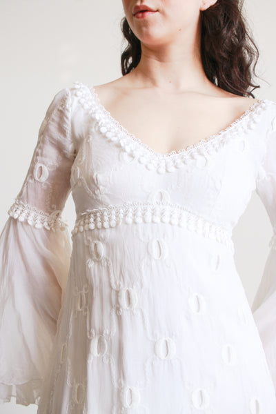 1970s Piccione White Angel Sleeve Embroidered Gown