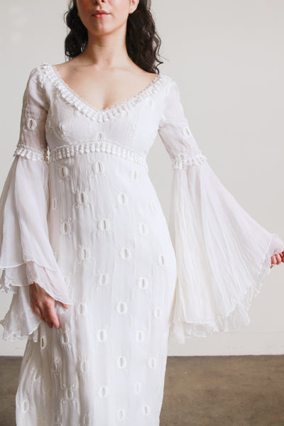 1970s Piccione White Angel Sleeve Embroidered Gown
