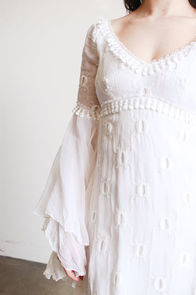 1970s Piccione White Angel Sleeve Embroidered Gown
