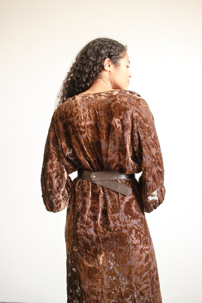 1930s Brown Devore Silk Velvet Bias Dress