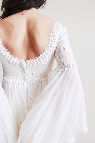 1970s Piccione White Angel Sleeve Embroidered Gown