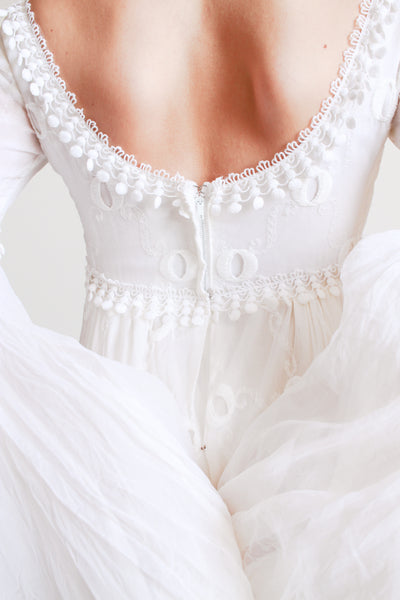 1970s Piccione White Angel Sleeve Embroidered Gown