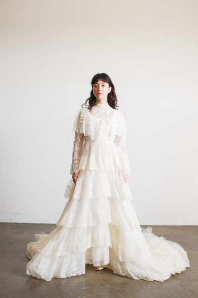 1970s Antique White Tiered Lace Gown