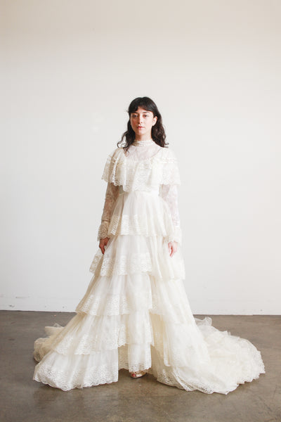 1970s Antique White Tiered Lace Gown