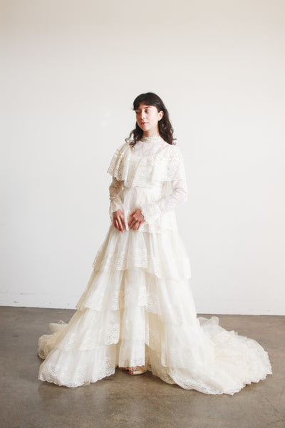 1970s Antique White Tiered Lace Gown