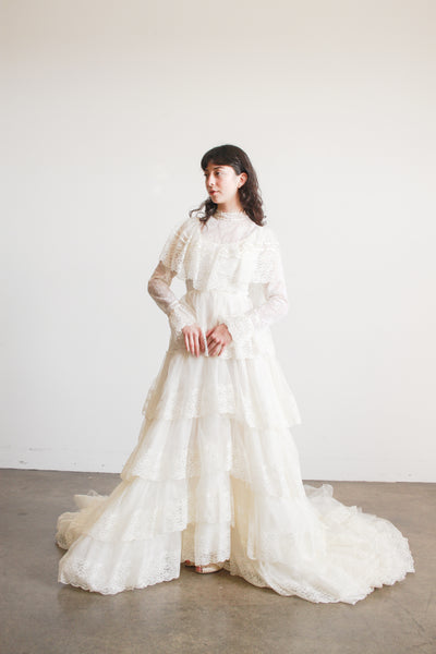 1970s Antique White Tiered Lace Gown