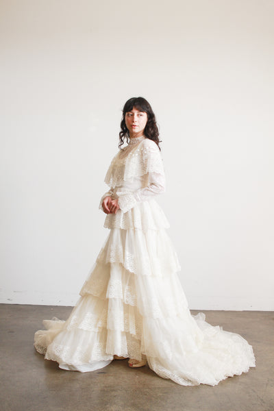1970s Antique White Tiered Lace Gown