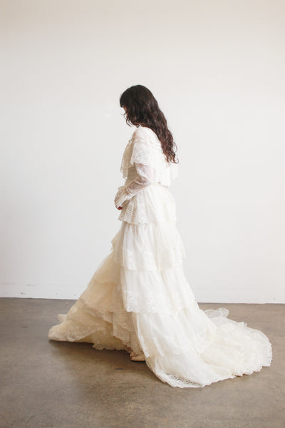 1970s Antique White Tiered Lace Gown