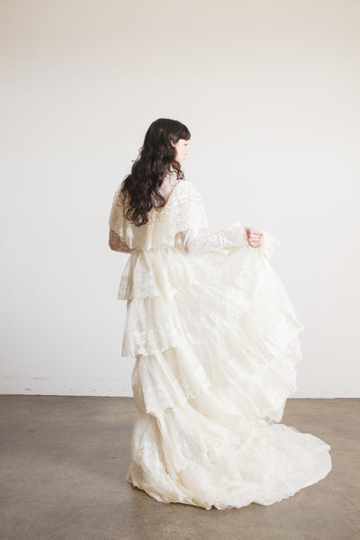 1970s Antique White Tiered Lace Gown