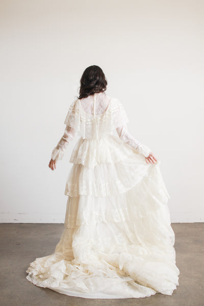 1970s Antique White Tiered Lace Gown