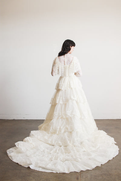 1970s Antique White Tiered Lace Gown